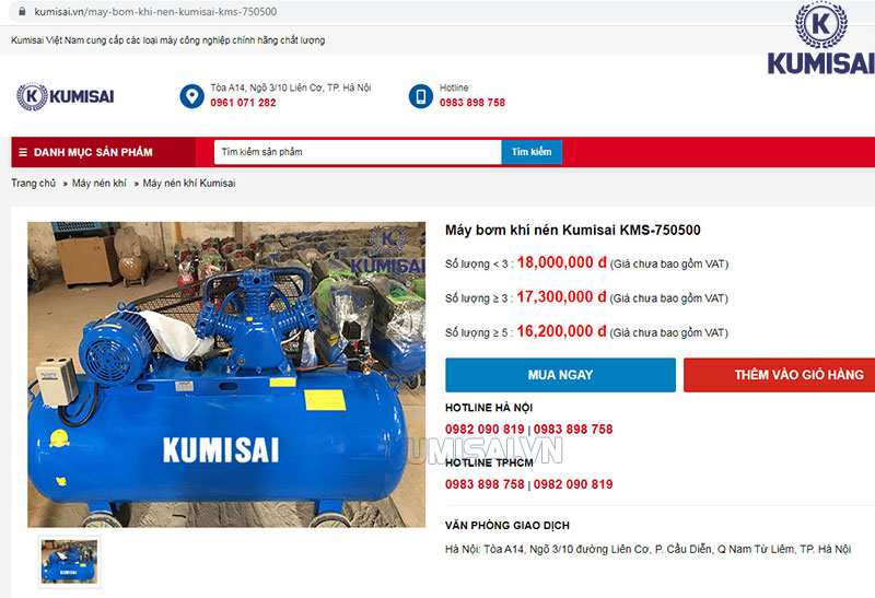 Kumisai Việt Nam - Địa chỉ bán máy bơm khí nén Kumisai KMS-750500 chính hãng